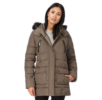 Taupe faux fur trim hooded jacket